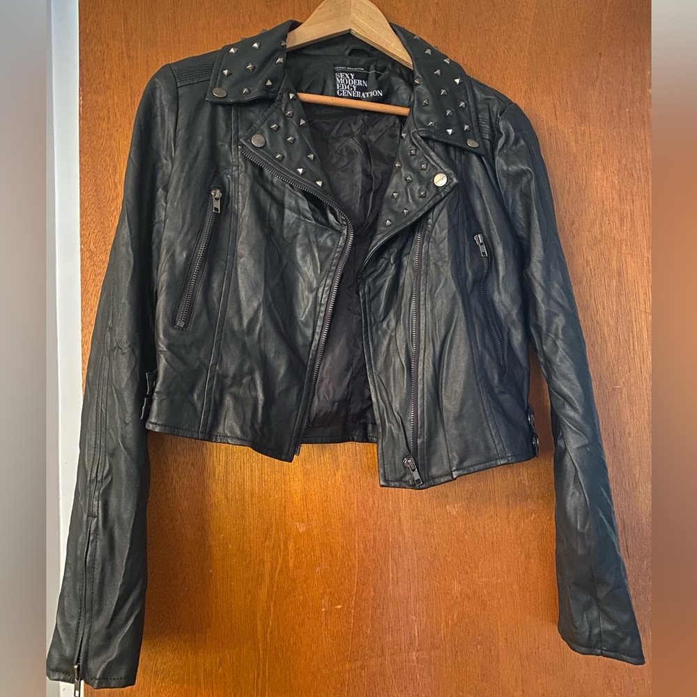 Cropped Grungy Studded Bomber Faux Leather Jacket - New Without Tags